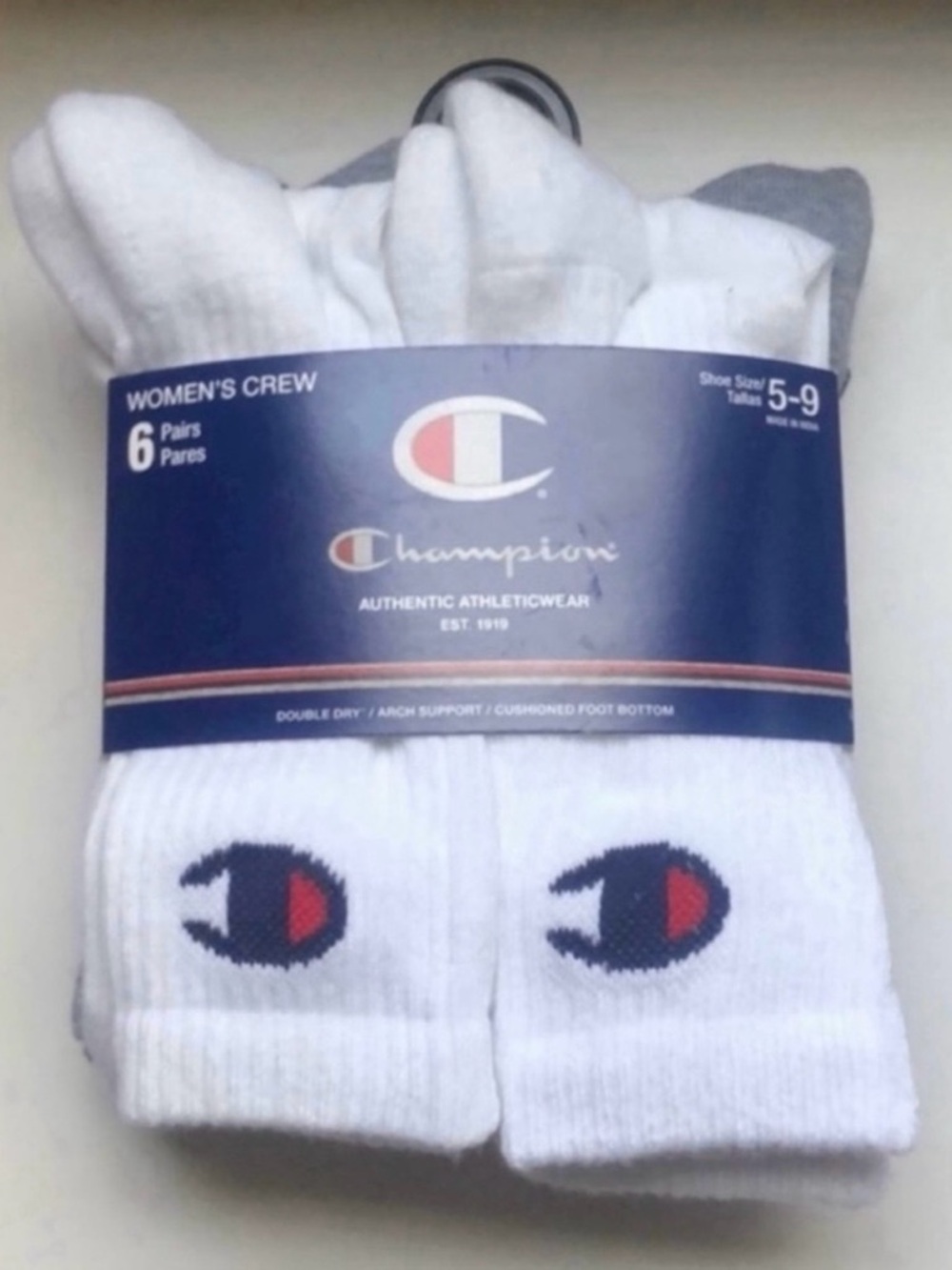 New Champion Socks Women’s 6 Pairs White,Black & Gray Crew Socks Athletic Casual